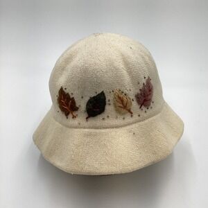 Women's Knit Bucket Hat Fall Leaf Embroidery Beaded Accents Cream Casual